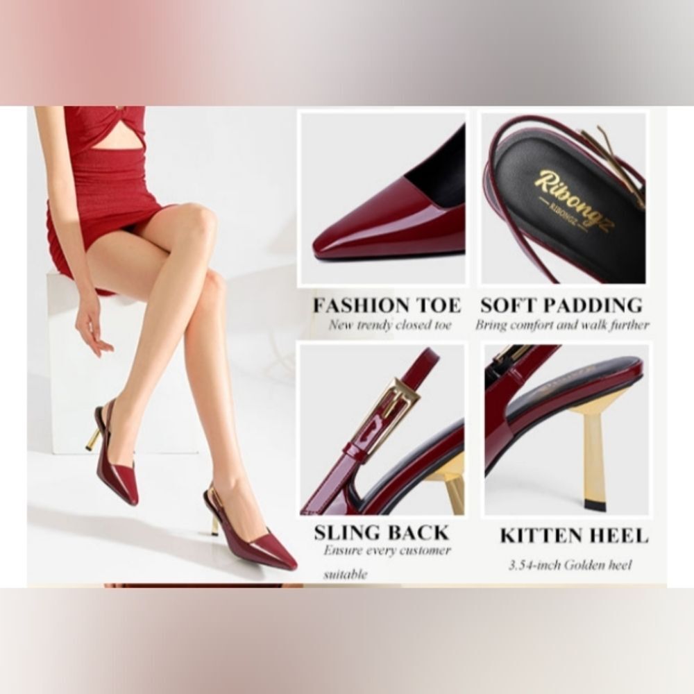 Ribongz Elegant Burgundy Faux Patent Leather Slingback Heels Size 8.5 NWT - Picture 12 of 14